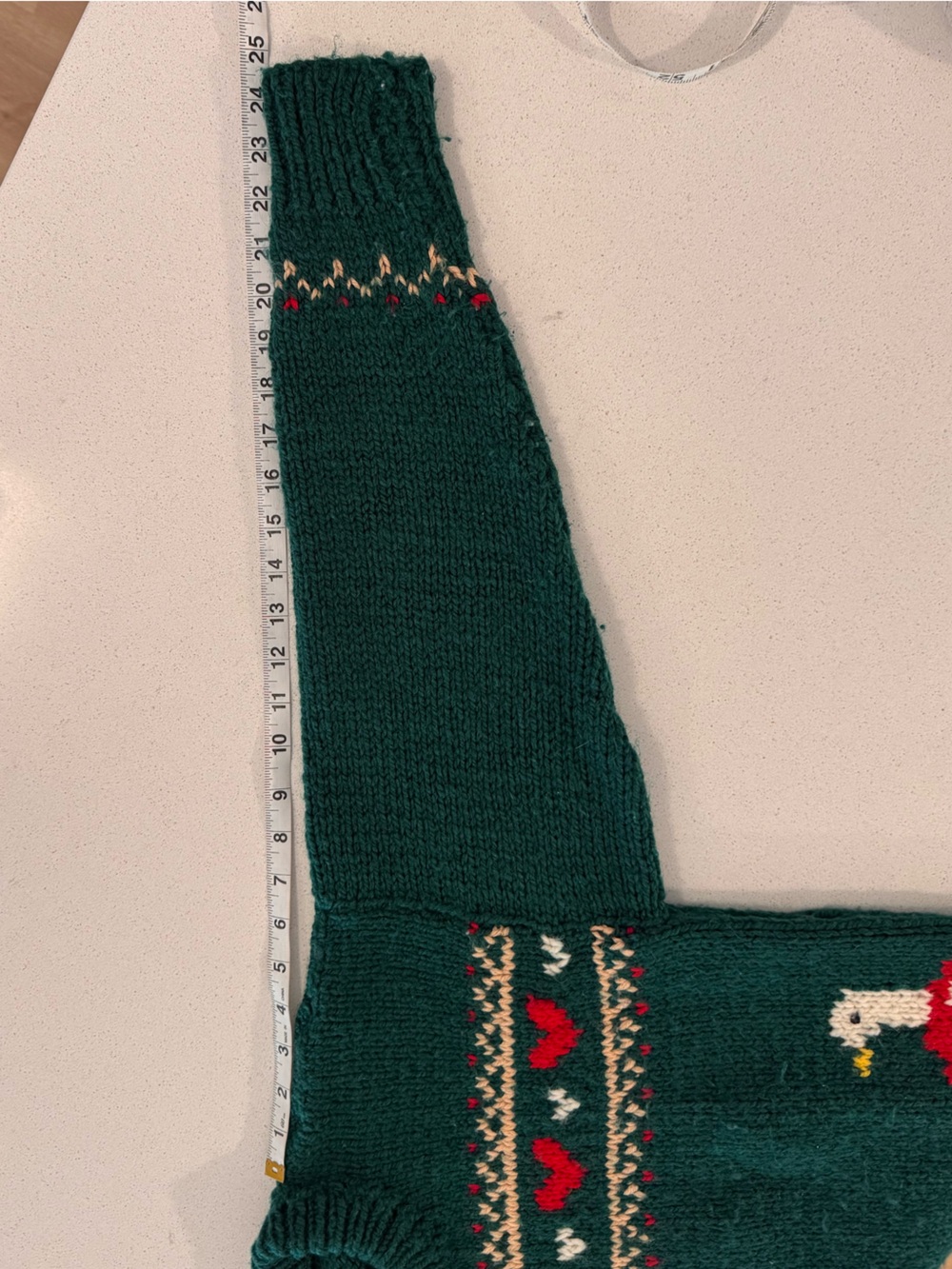 Vintage Hand Knit Duck Sweater Dark Green Chunky Heavyweight Fair Isle Hearts - Picture 10 of 15